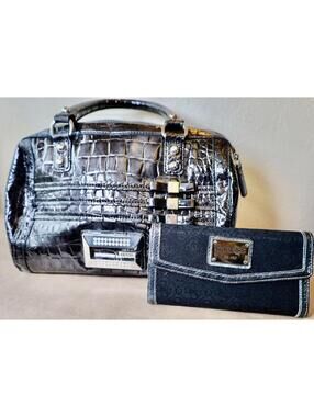 Guess Handbag With Wallet Black Croc Print Leather